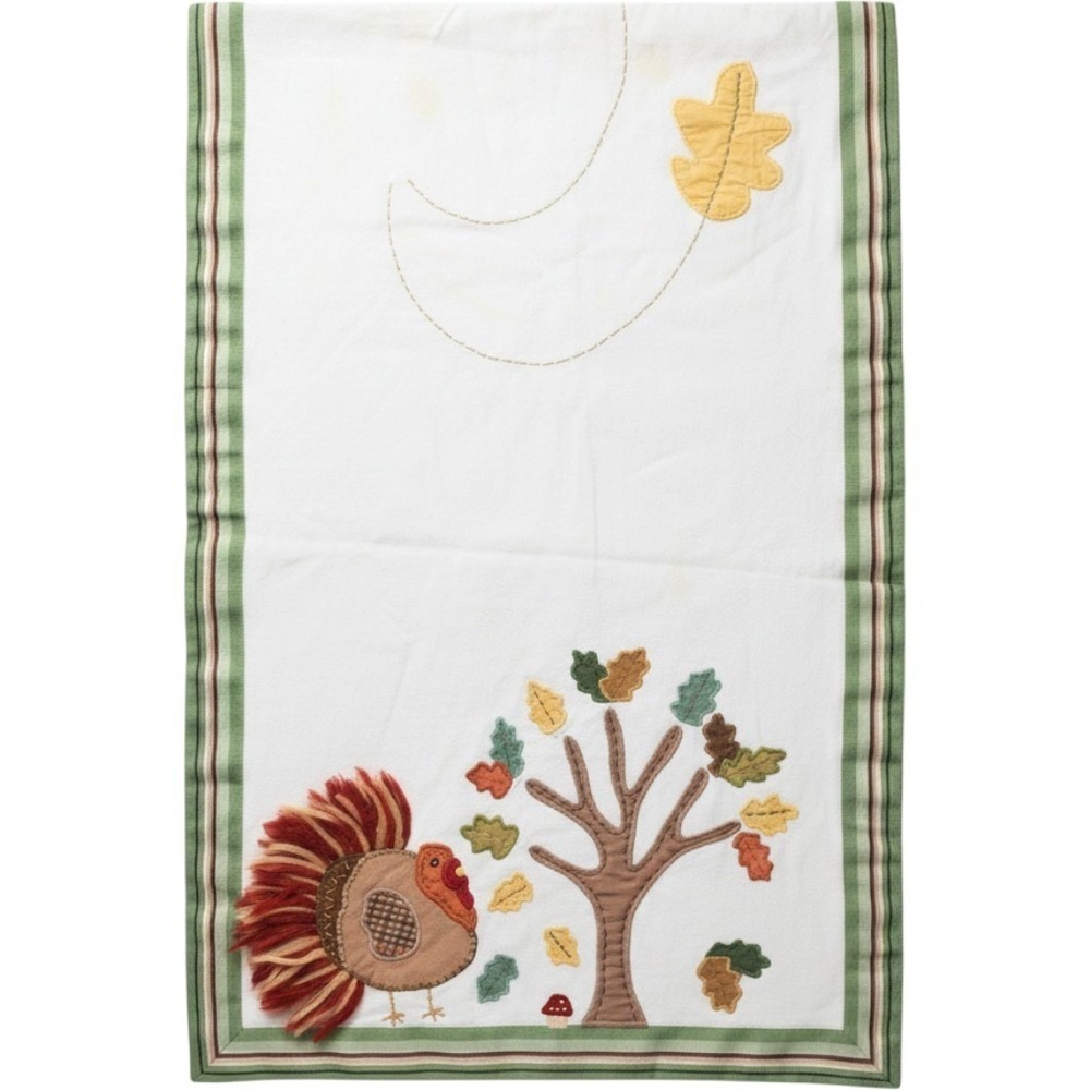 Pottery Barn Kids‎ Thanksgiving Turkey Applique Table Runner White Cotton 17x108